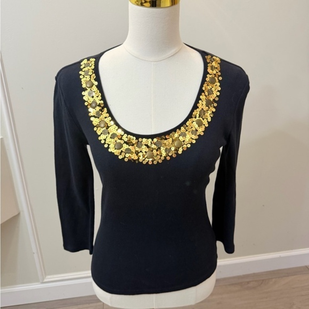 Michael Kors Black Scoop Neck Long Sleeve Top with Gold Sequin Trim